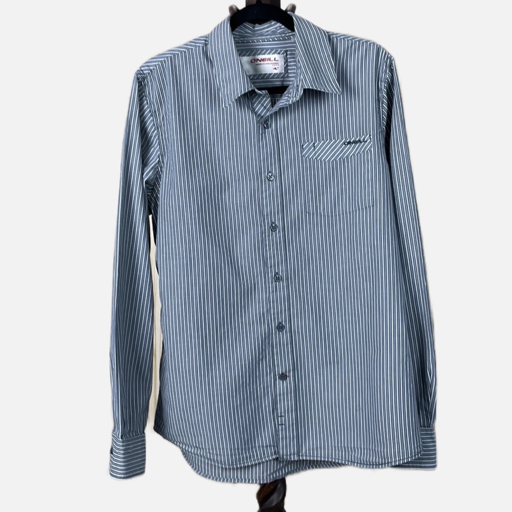 O’Neill Men’s Button Up Striped Shirt  Size L Gray and White